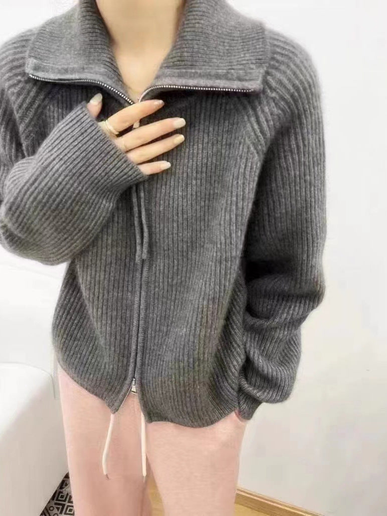Women's Oversized Cardigan with Zipper, Stand-up Collar and Ribbed Structure Mune Fashion