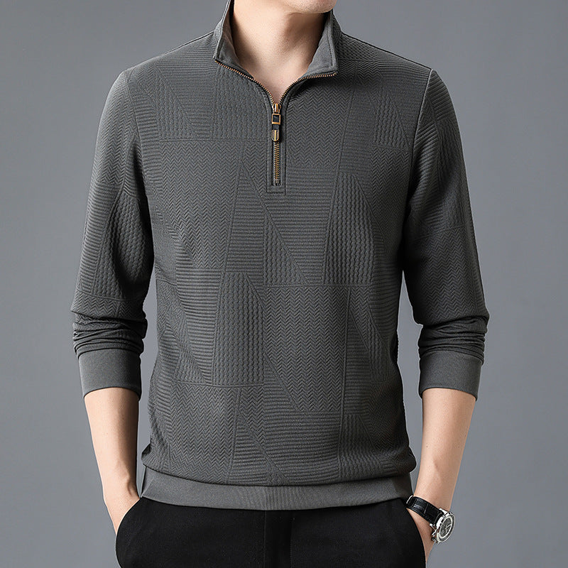 Men's Structured Pullover with Half Zipper High Stand Collar and Geometric Relief Structure Mune Fashion