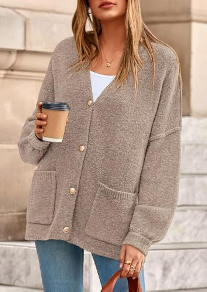 Women Oversized Knit Cardigan with V-Neck, Golden Decorative Buttons and Patch Pockets Drune