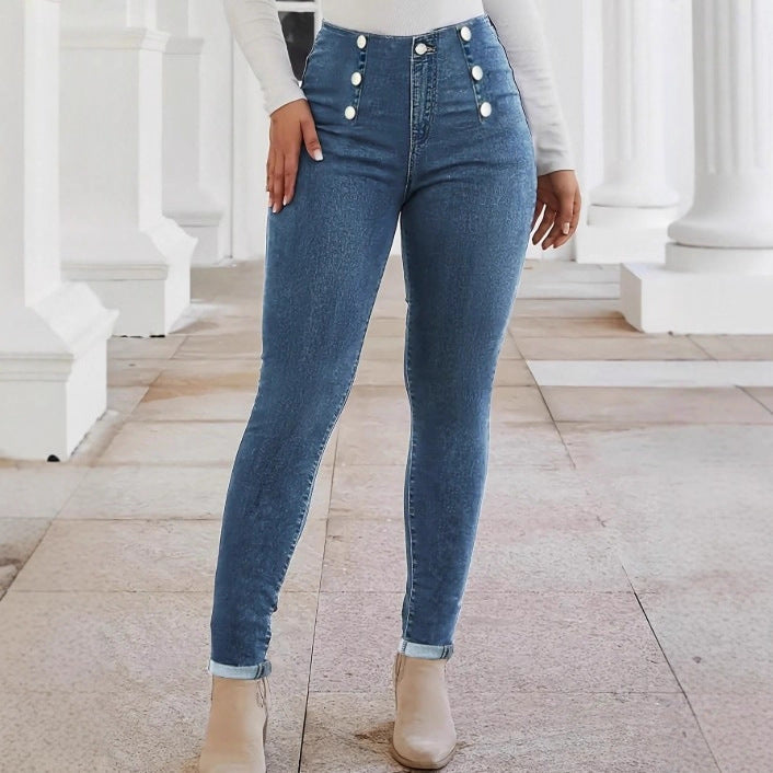 Women's High-waisted, figure-shaping Skinny Jeans with double decorative button placket Mune Fashion
