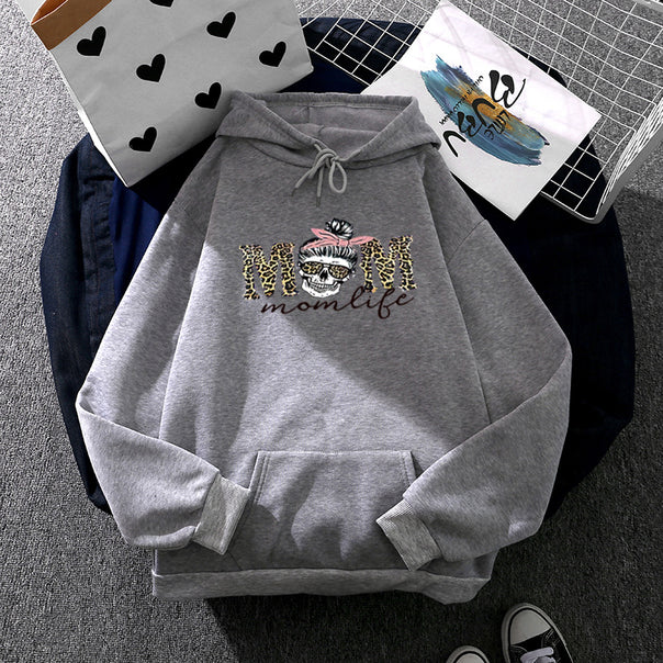 Women Hooded Sweatshirt with "Momlife" Skull Print, Kangaroo Pocket, Soft Fleece Lining and Loose Oversized Fit Mune Fashion