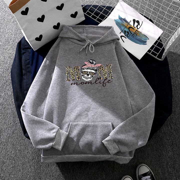 Women Hooded Sweatshirt with "Momlife" Skull Print, Kangaroo Pocket, Soft Fleece Lining and Loose Oversized Fit Mune Fashion