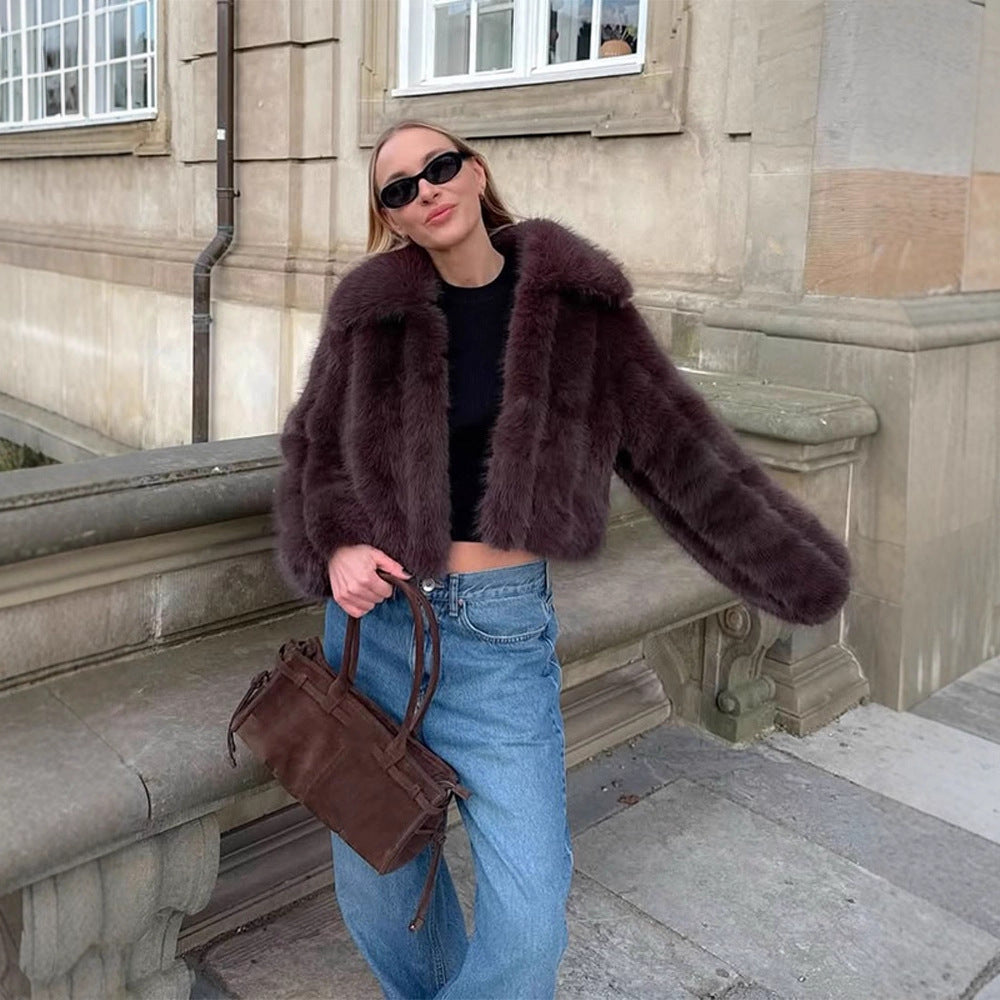 Women's Short Cropped Faux Fur Jacket with Voluminous Shawl Collar and Boxy Silhouette Mune Fashion