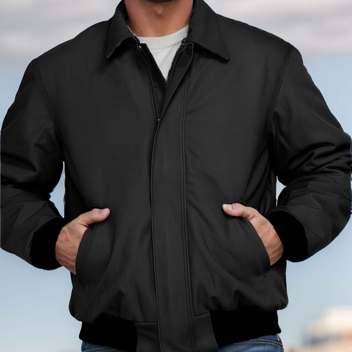 Men's short bomber jacket made of soft synthetic leather with ribbed cuffs Mune Fashion