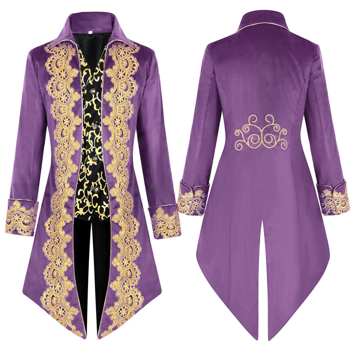 Men's opulent tailcoat with golden lace embroidery and curved swallowtail section Mune Fashion