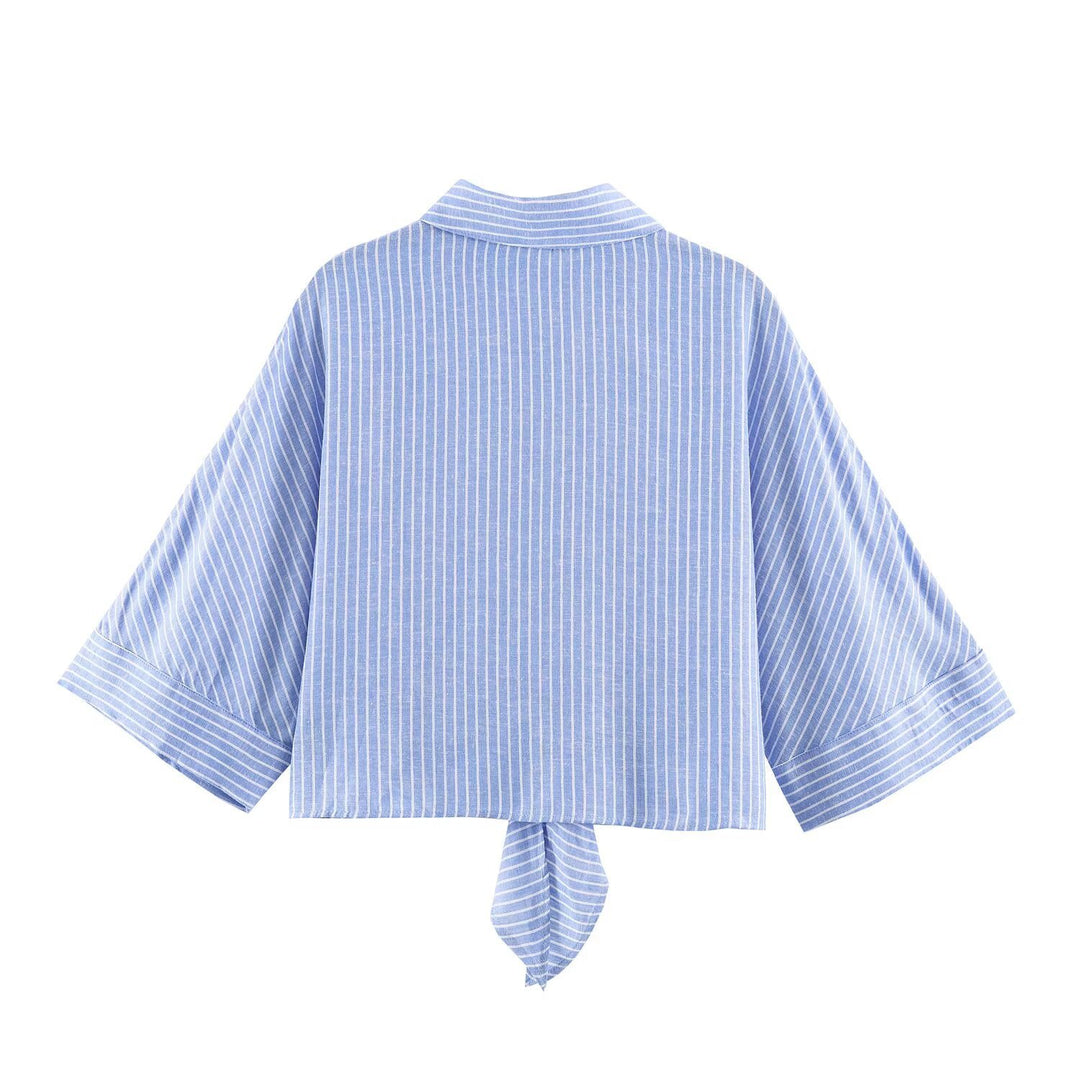 Women's short-cut blouse with knot tie, shirt collar and wide batwing sleeves Mune Fashion