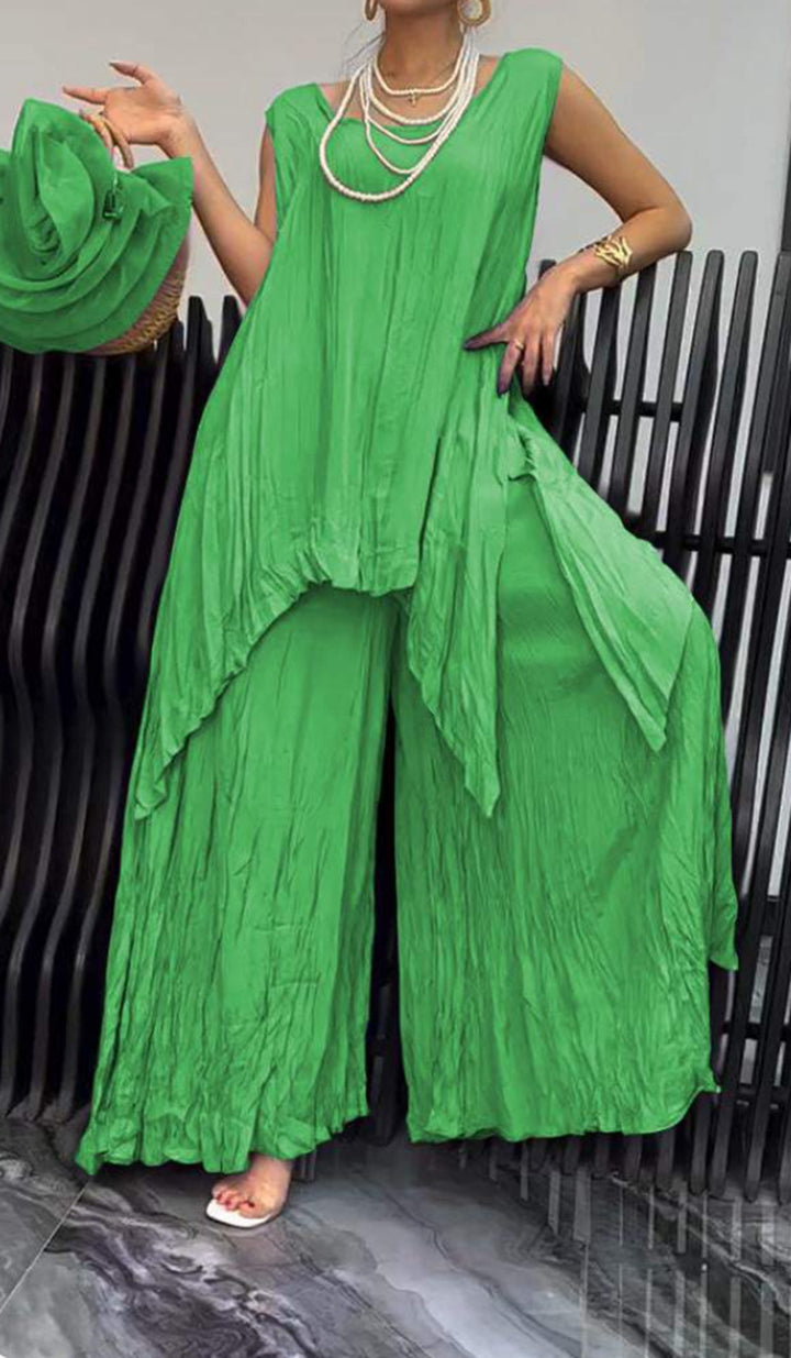 Women two-piece set in airy crinkle look with sleeveless tunic and wide palazzo pants Mune Fashion