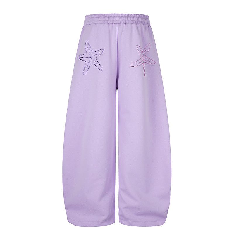 Women's Extra Wide Palazzo Jogger Pants with Drawstring Waistband, Adjustable Hem and Rhinestone Lettering Mune Fashion