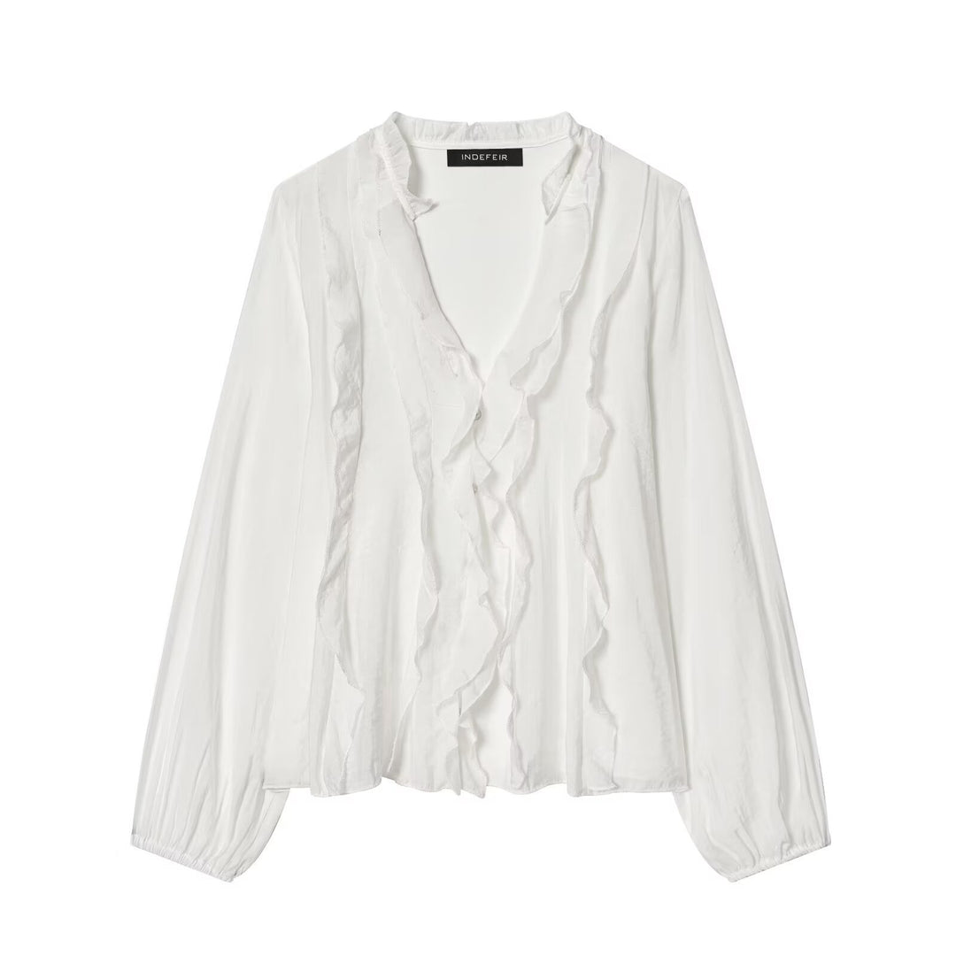 Ladies Transparent Crinkle Blouse with Ruffle Collar, Ruffled Front and Balloon Sleeves Mune Fashion