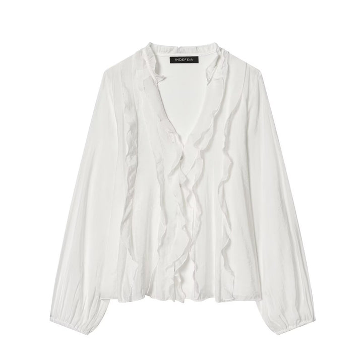Ladies Transparent Crinkle Blouse with Ruffle Collar, Ruffled Front and Balloon Sleeves Mune Fashion