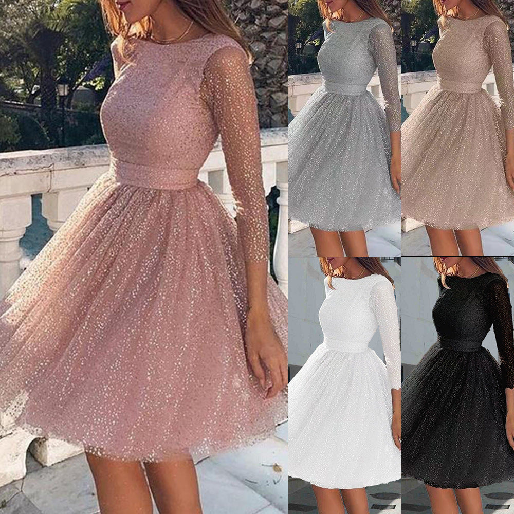 Women Elegant Tulle Dress with Transparent Sleeves Mune