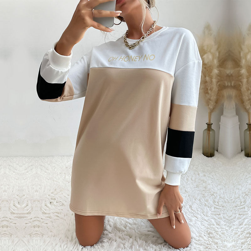 Women's Oversize Sweatshirt Dress with Color Block Sleeves and Statement Print Mune Fashion