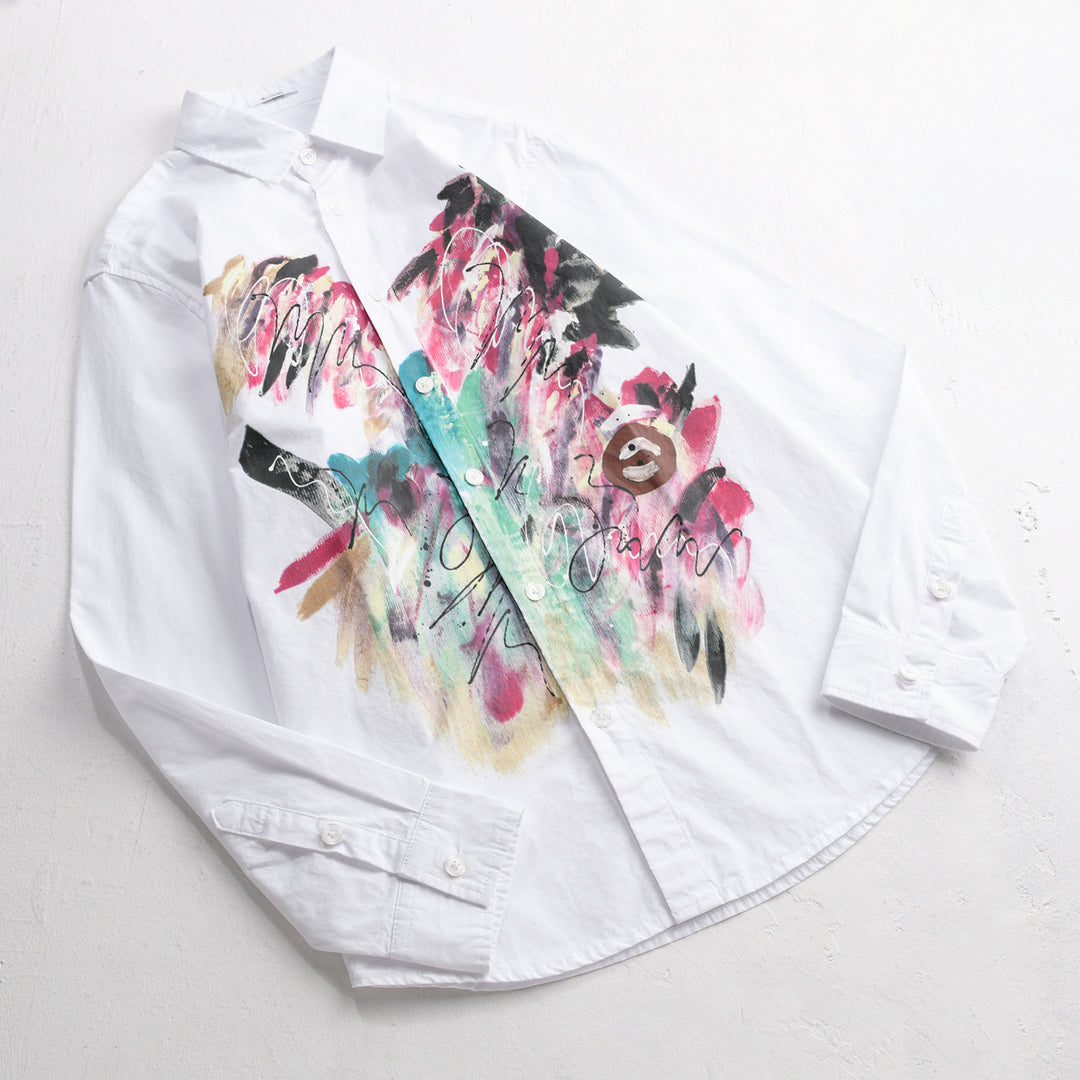 Women's long-sleeve shirt made of cotton poplin with artistic brush print and Kent collar Mune Fashion