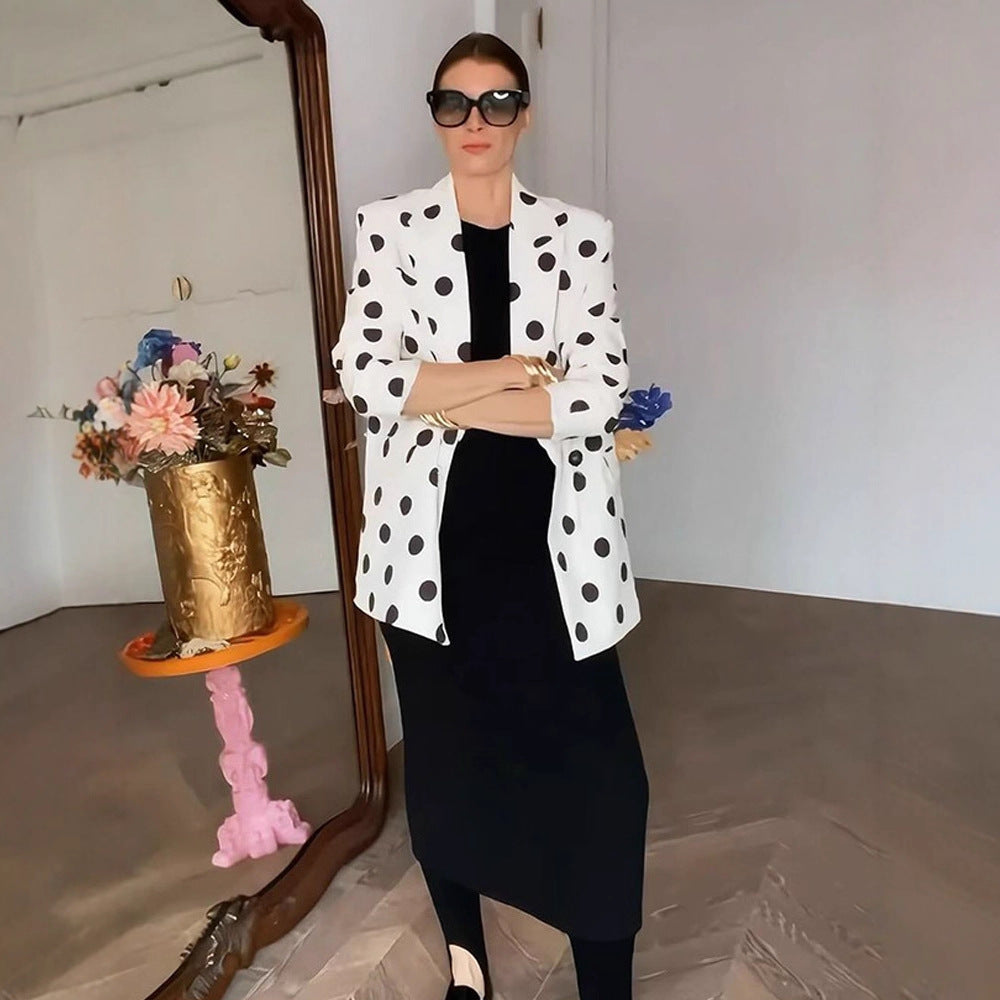 Women Polka Dot Long Blazer with Structured Shoulder and Oversized Cut Mune Fashion