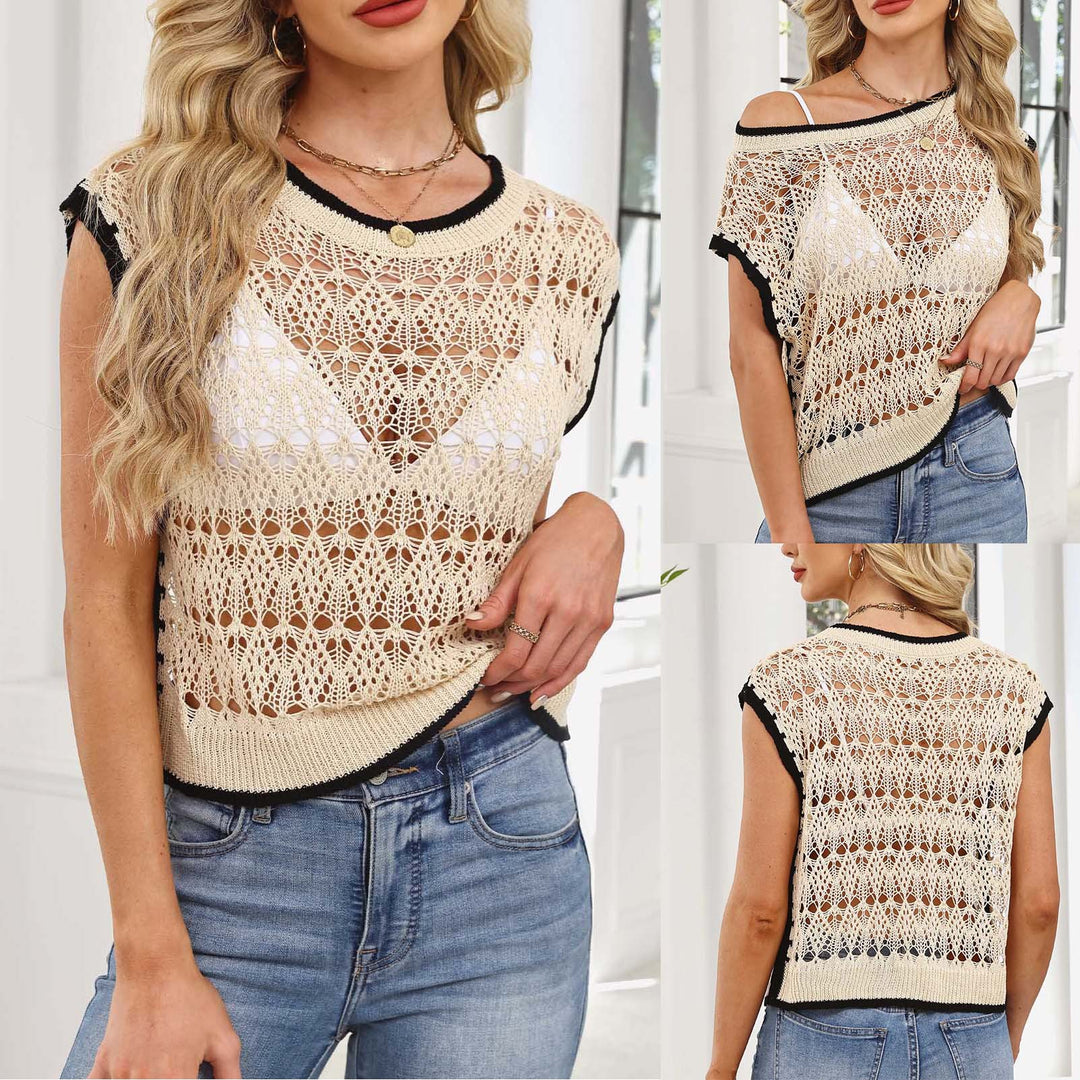 Women airy crochet top with elegant round neckline Mune Fashion