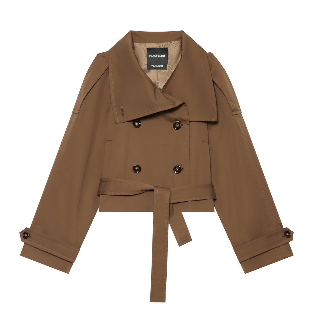 Women's Short Cut Trench Blouson with Tie Belt and Epaulettes Mune Fashion