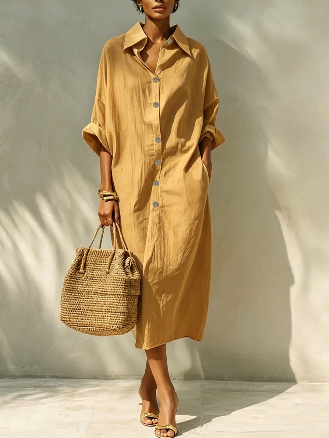 Women's Long Oversized Shirt Dress with Kent Collar and Continuous Button Placket Drune