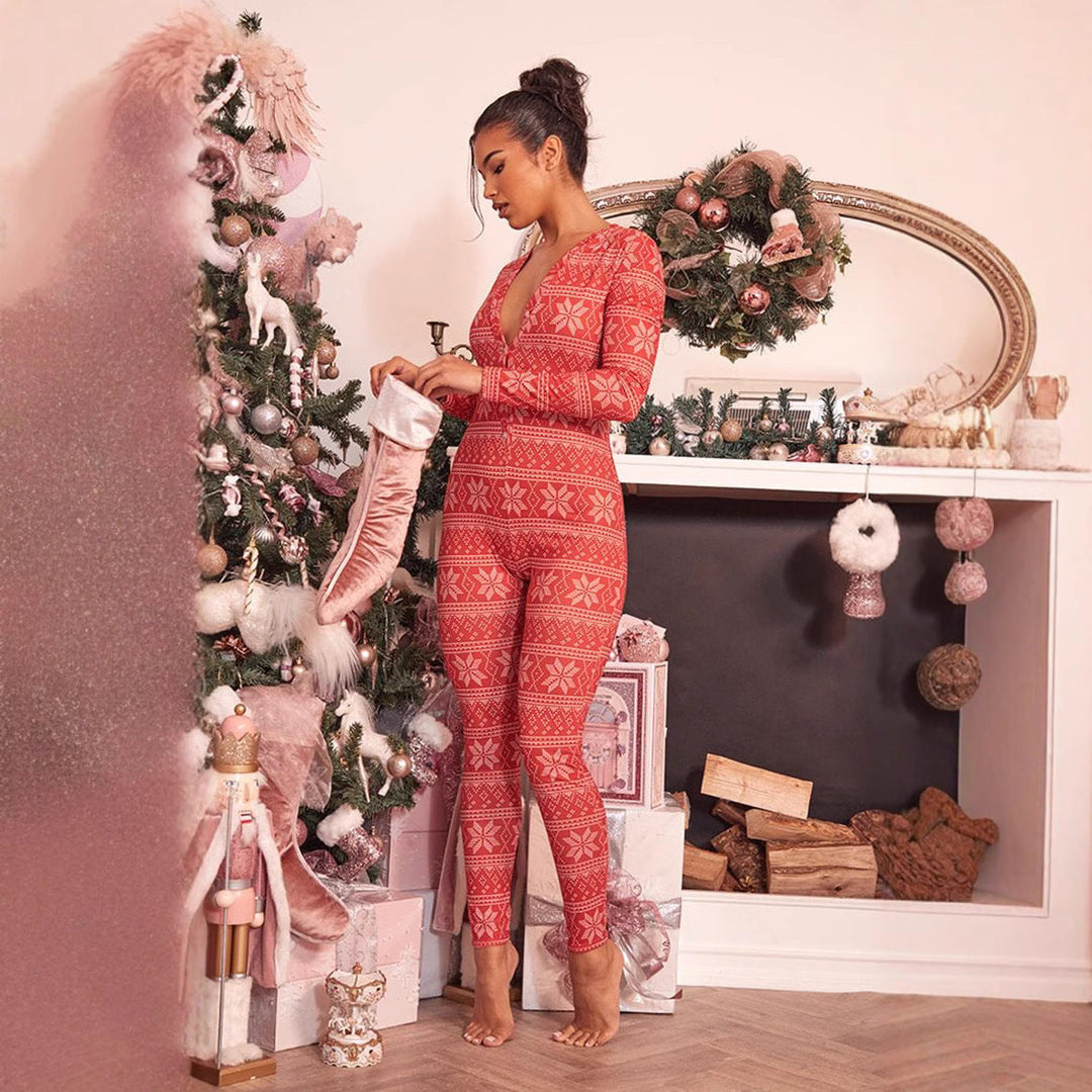 Women's Cozy Jumpsuit with Christmas Design and Long Sleeve Mune