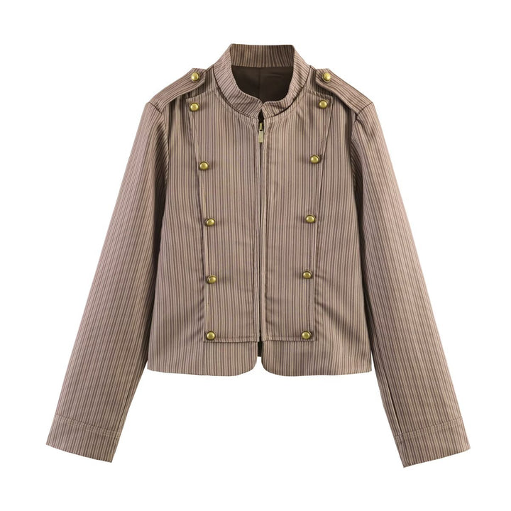 Women Short Cut Military Inspired Jacket with Stand Collar and Double Decorative Button Row Mune Fashion