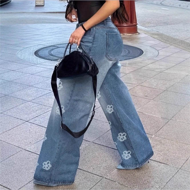 Ladies High-Waist Wide-Leg Denim Jeans with Floral Allover Embroidery Mune Fashion