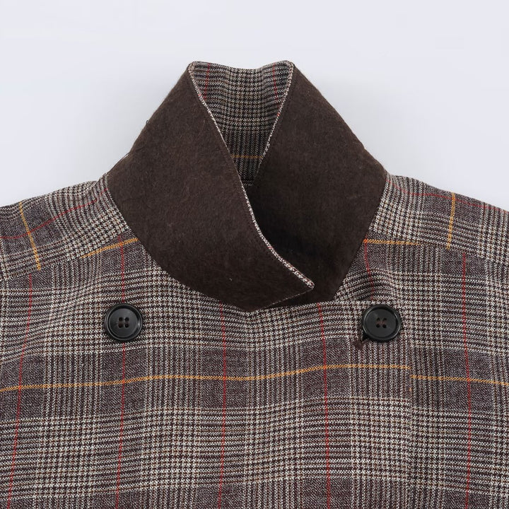 Ladies Short Double-Breasted Tailored Check Jacket with Stand Collar and Waist Straps Mune Fashion