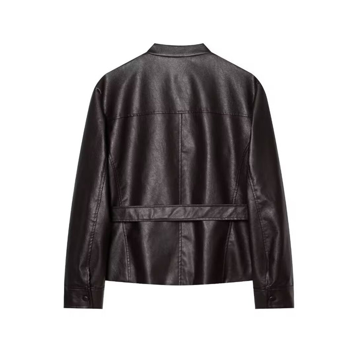 Women's short jacket made of faux leather with a belted waist, flap pockets, and stand-up collar Drune