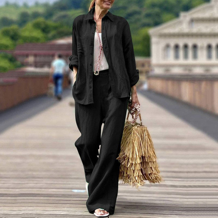 Women's Lightweight Linen Two-Piece Set with Loose Shirt Blouse and Wide High-Waist Pants Mune Fashion