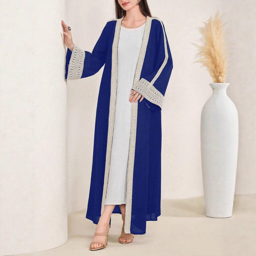 Ladies Long Open-Front Kaftan Coat with Crochet Lace Trim Mune Fashion
