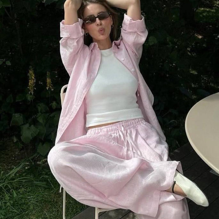 Women's airy linen lounge set with oversized shirt and wide waistband pants with elastic Mune Fashion