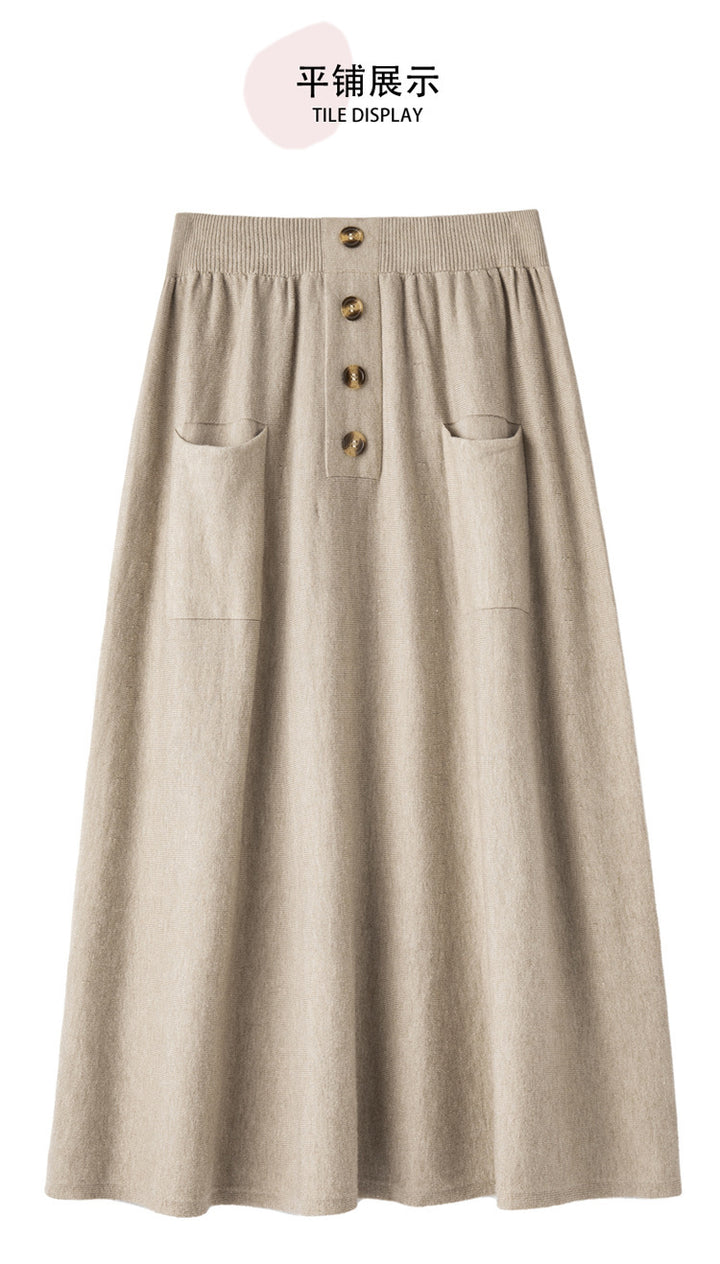 Women's midi skirt made of wool blend with A-line, elastic ribbed waistband, decorative button placket, and patch pockets Mune Fashion