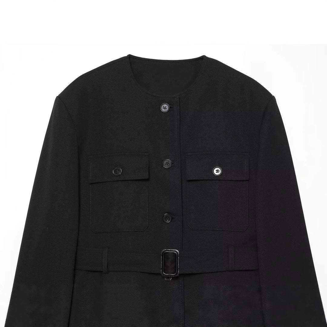 Women's short utility-style jacket with waist belt, patch pockets, and round neckline Drune