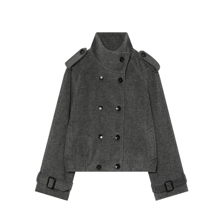 Women Short Peacoat with Double Breasted, High Standing Collar, Shoulder Epaulettes and Adjustable Cuffs Mune Fashion