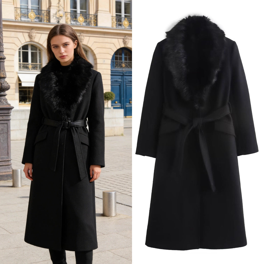 Women's wool coat with removable faux fur shawl collar and belted waist Mune Fashion