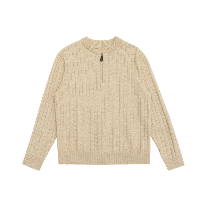 Men's Cable Knit Half Zip Sweater with Stand Collar and Ribbed Hem Mune Fashion