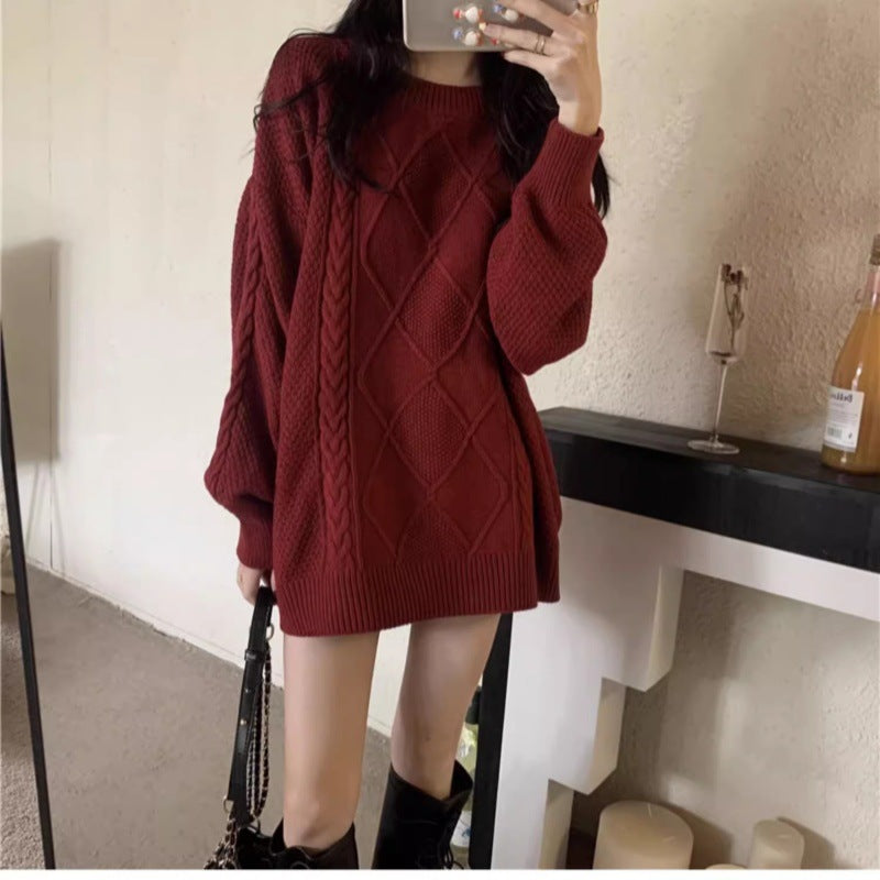 Women Oversize Cable Knit Long Sweater with Round Neck and Balloon Sleeves Mune Fashion