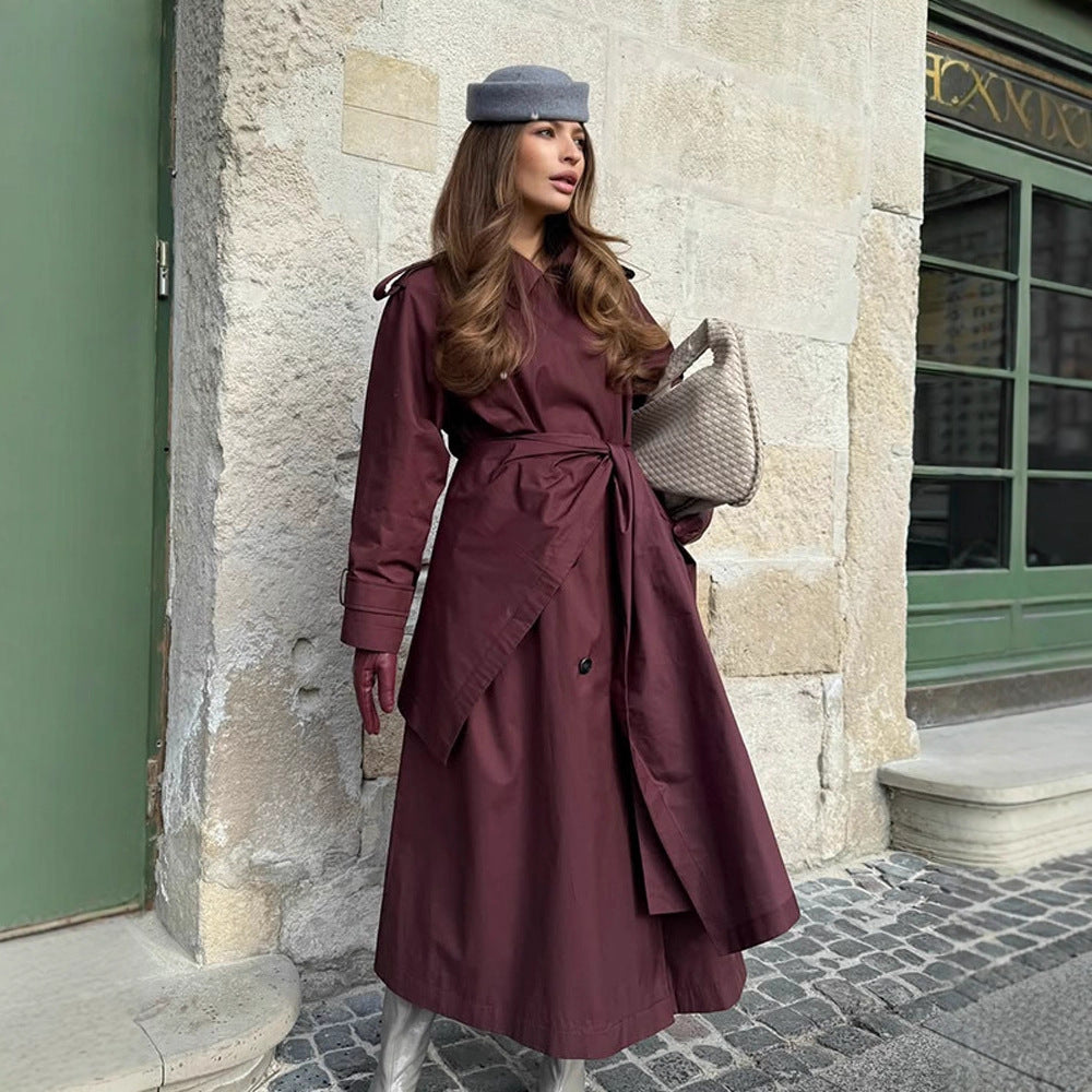 Women's Mid-Length Trench Coat with Poncho-Like Cape Overlay & Boxy Silhouette Mune Fashion