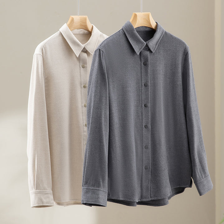 Women Loose Knit Shirt with Kent Collar and Rounded Hem Mune Fashion