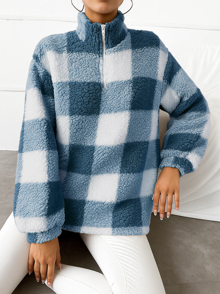 Ladies checked teddy fleece pullover with stand-up collar and half-height zipper Mune Fashion