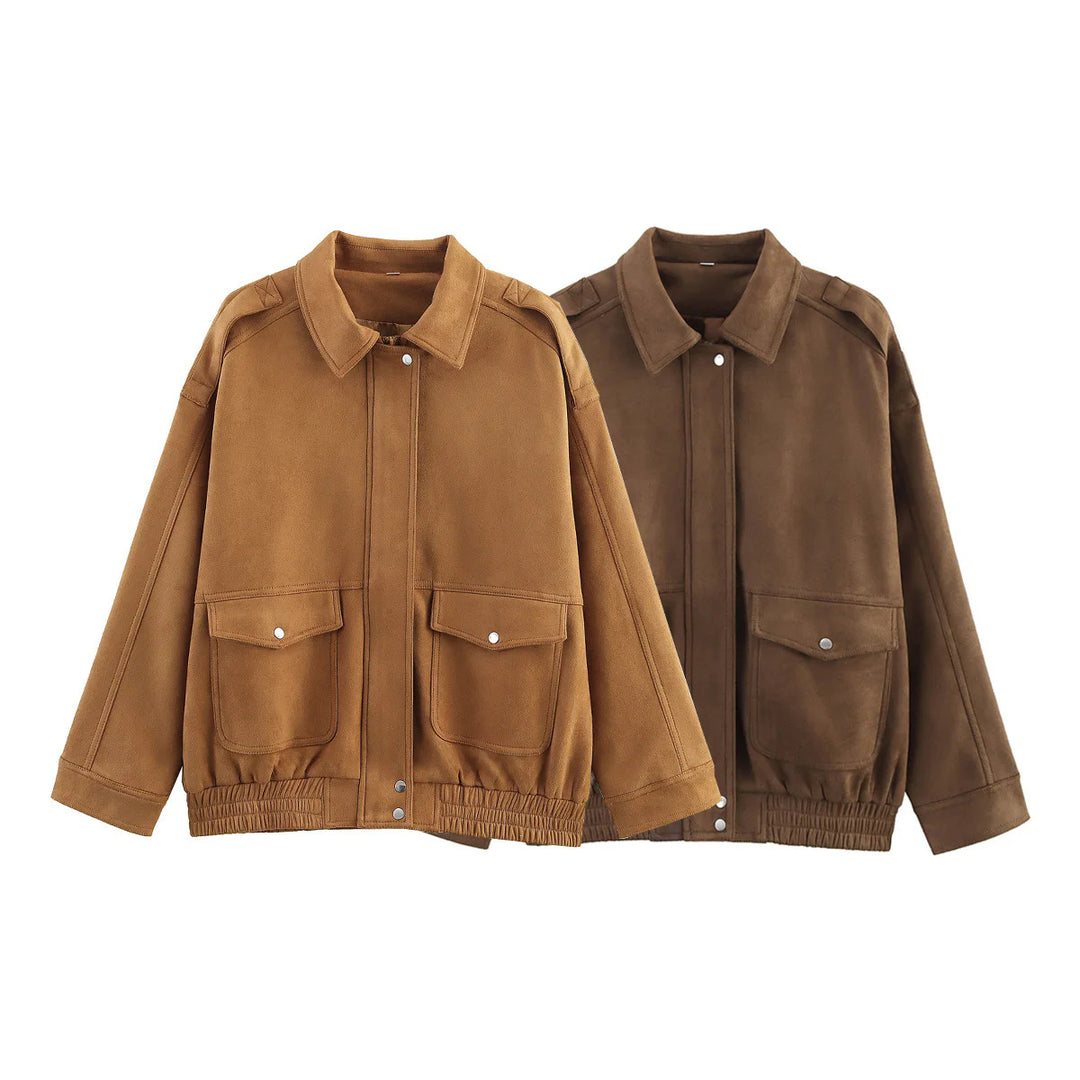 Women's casual velour jacket with snap button placket, patch flap pockets, and elastic hem Mune Fashion