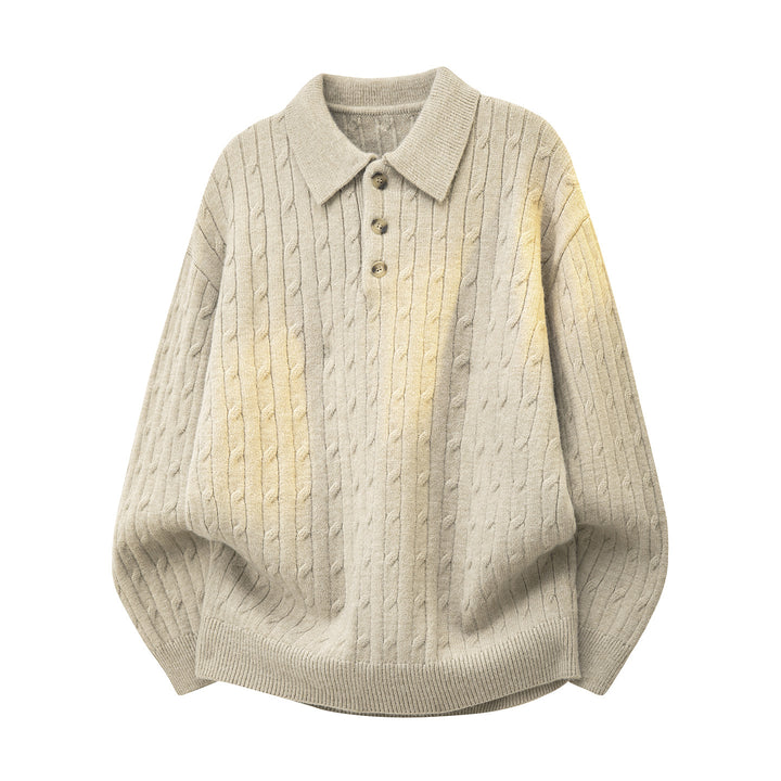 Men's Chunky Knit Oversized Polo Sweater with Button Placket & Cable Knit Pattern Mune Fashion