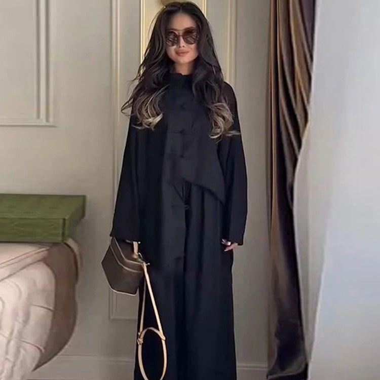 Women Two-Piece Oversize Lounge Set with Stand-Up Collar and Decorative Knot Closures Mune Fashion