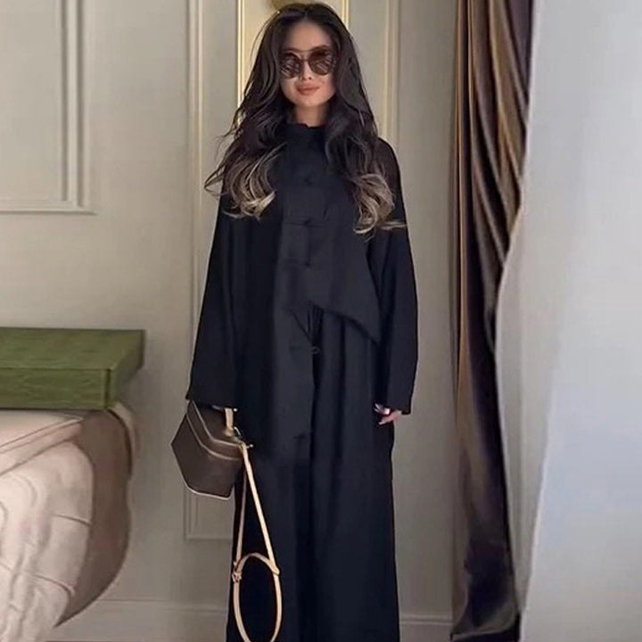 Women Two-Piece Oversize Lounge Set with Stand-Up Collar and Decorative Knot Closures Mune Fashion
