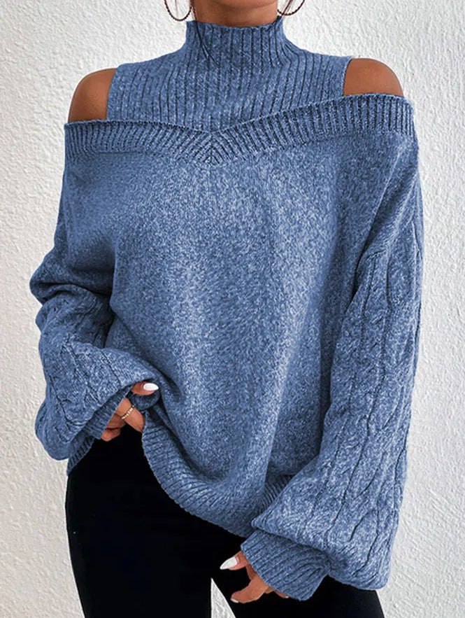 Women's off-the-shoulder knitted pullover with stand-up collar and cable-knit sleeves Mune Fashion