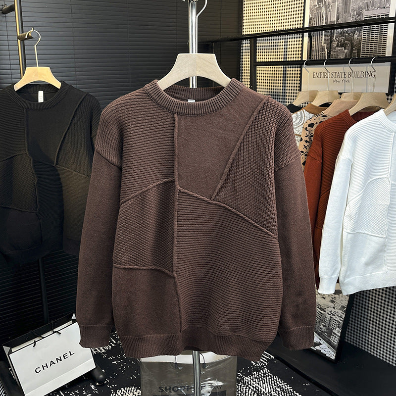 Men's Structured Patchwork Knit Sweater with Crew Neck and Ribbed Inserts Mune Fashion