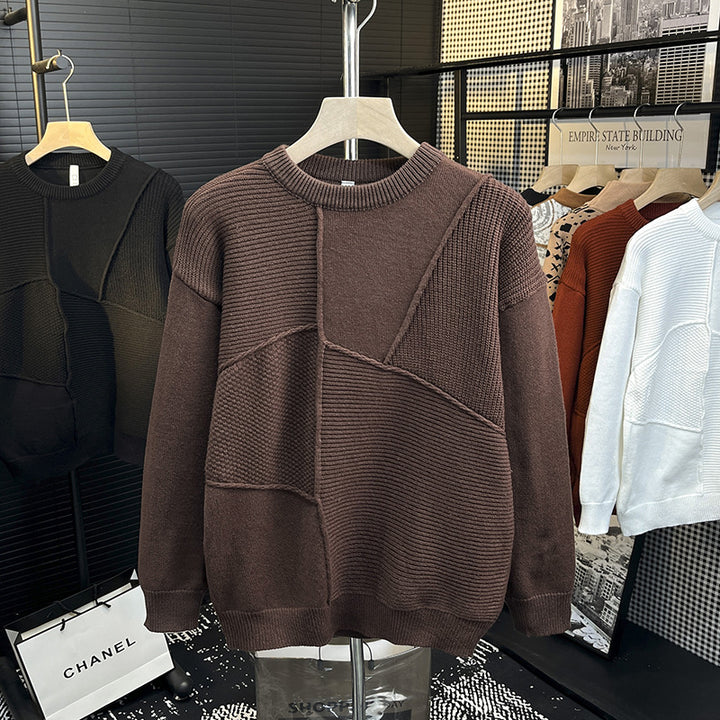 Men's Structured Patchwork Knit Sweater with Crew Neck and Ribbed Inserts Mune Fashion