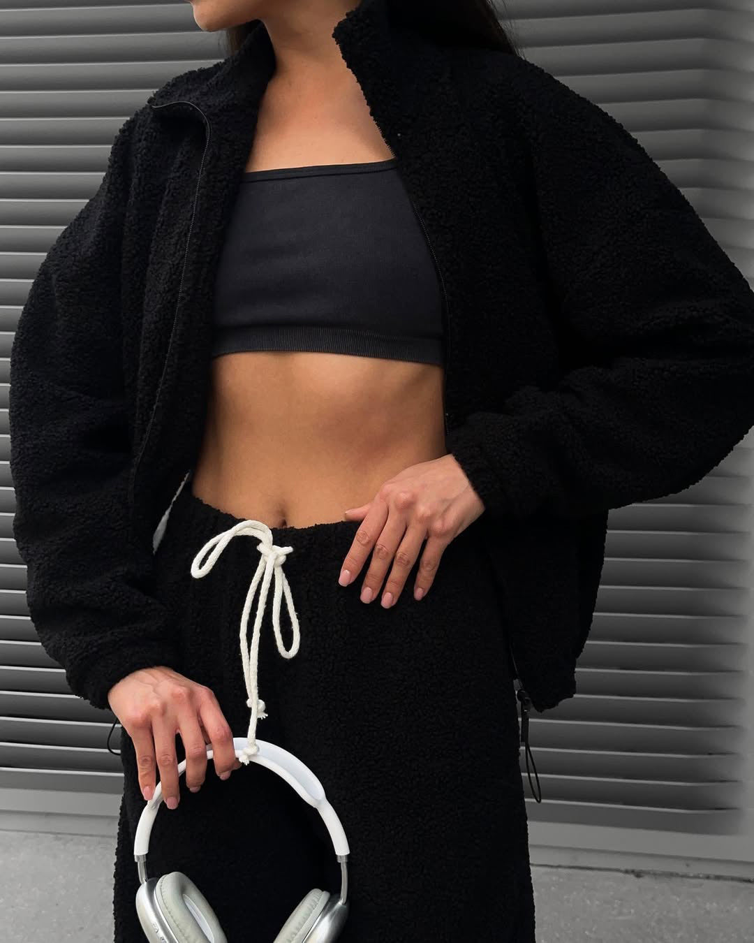 Women's Teddy Fleece Loungewear Set with half zip elastic drawstring waistband and wide leg Mune Fashion