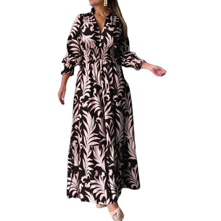 Women Long Maxi Dress with V-Neck, Elastic Smocked Waistband, Tiered Skirt, and Balloon Sleeves Drune