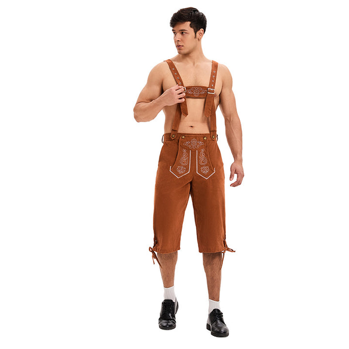 Men's knee-length traditional leather shorts with embroidered bib and adjustable straps Mune Fashion
