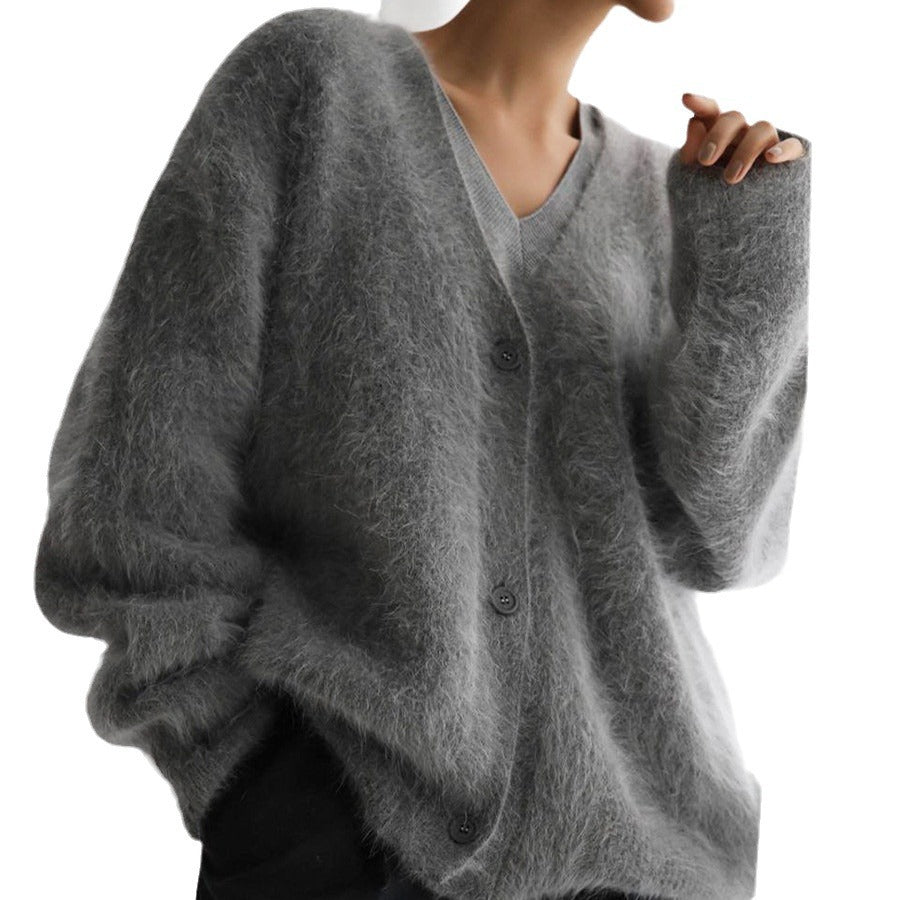 Women's Fluffy Oversize Button Cardigan with Deep V-Neck and Insert Pockets Mune Fashion