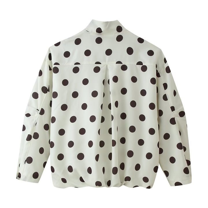 Women's Dotted Windbreaker Blouson Jacket with Stand Collar, Concealed Zipper, and Drawstring Hem Mune Fashion